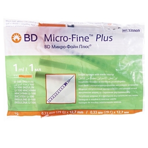 Шприц инсулиновый Micro-Fine Plus U-100 с иглой 29G (0.33x12.7мм) 1мл №10 BD