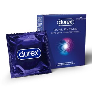 Презервативи латексні з силіконовою змазкою DUREX®  Dual Extase (рельєфні з анестетиком), З шт